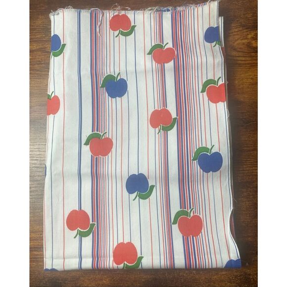 Vintage Red Blue Apple Stripe Fabric Retro Cotton Blend Yardage 61x22 Sewing DIY - Picture 1 of 3